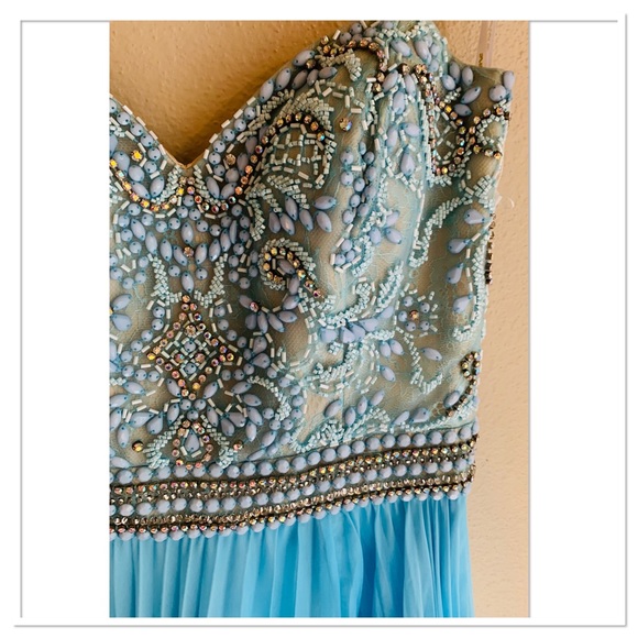 Cassandra Stone Evening Gown Beaded Jewel Bodice Pleated Long Dress Blue Size 4 - Picture 6 of 15